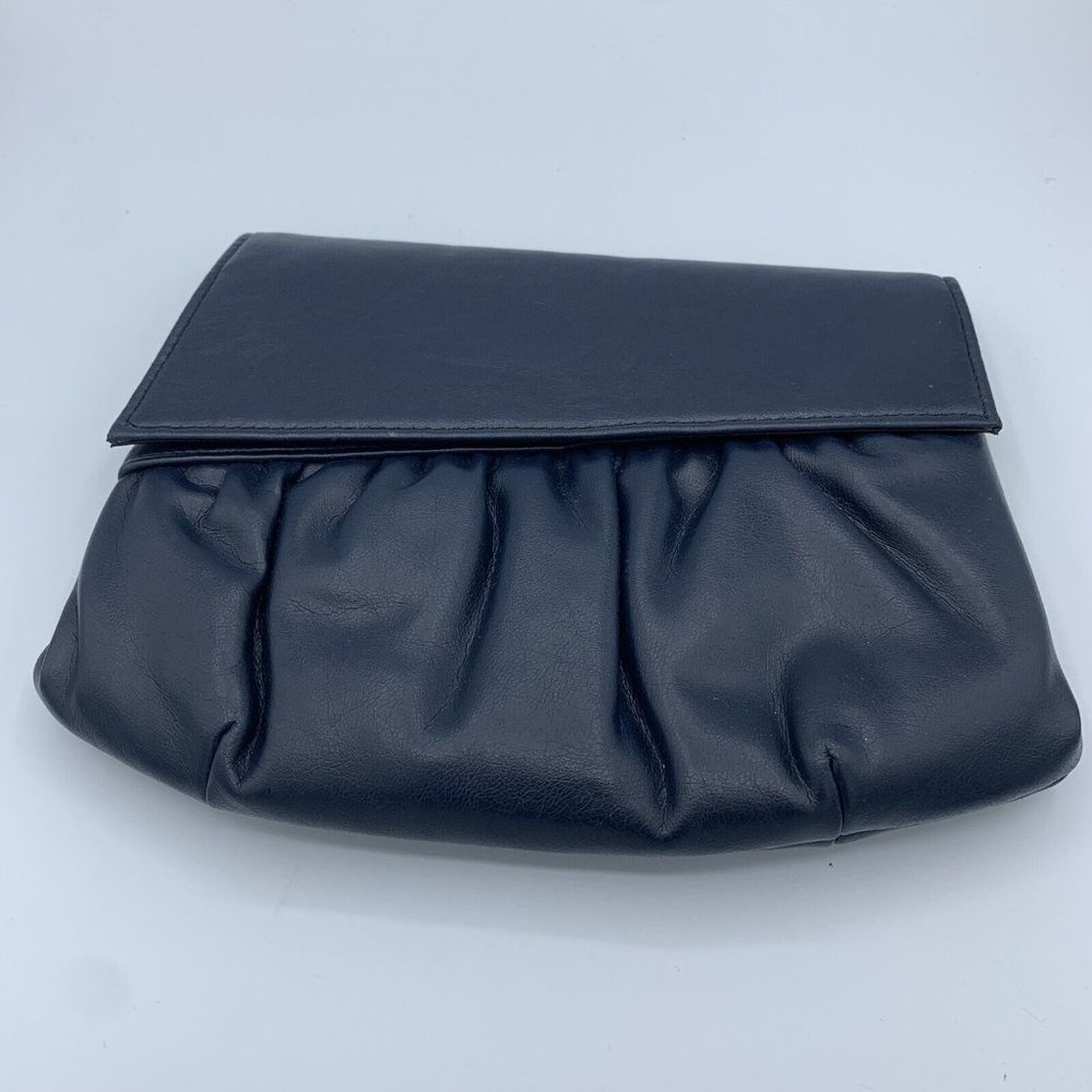 Vintage 80s Envelope Clutch Purse Leather Blue Asymmetric Flap Tuckable Strap